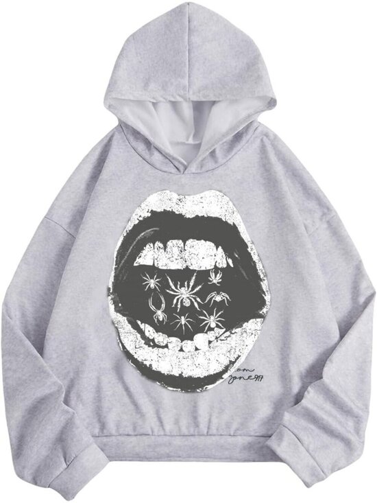 Other - Men's Grey Soft Polyester Oversized Drop Shoulder Long Sleeve Graphic Hoodies